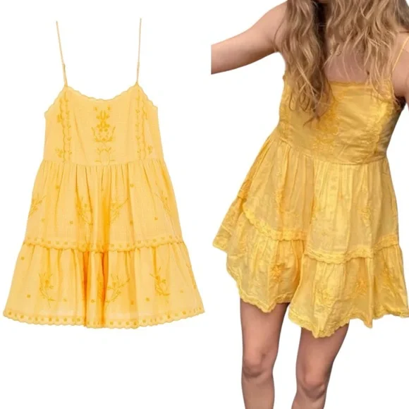 Urban Outfitters Hanna Embroidered Mini Dress Yellow Babydoll Sundress Women’s M - Picture 16 of 17
